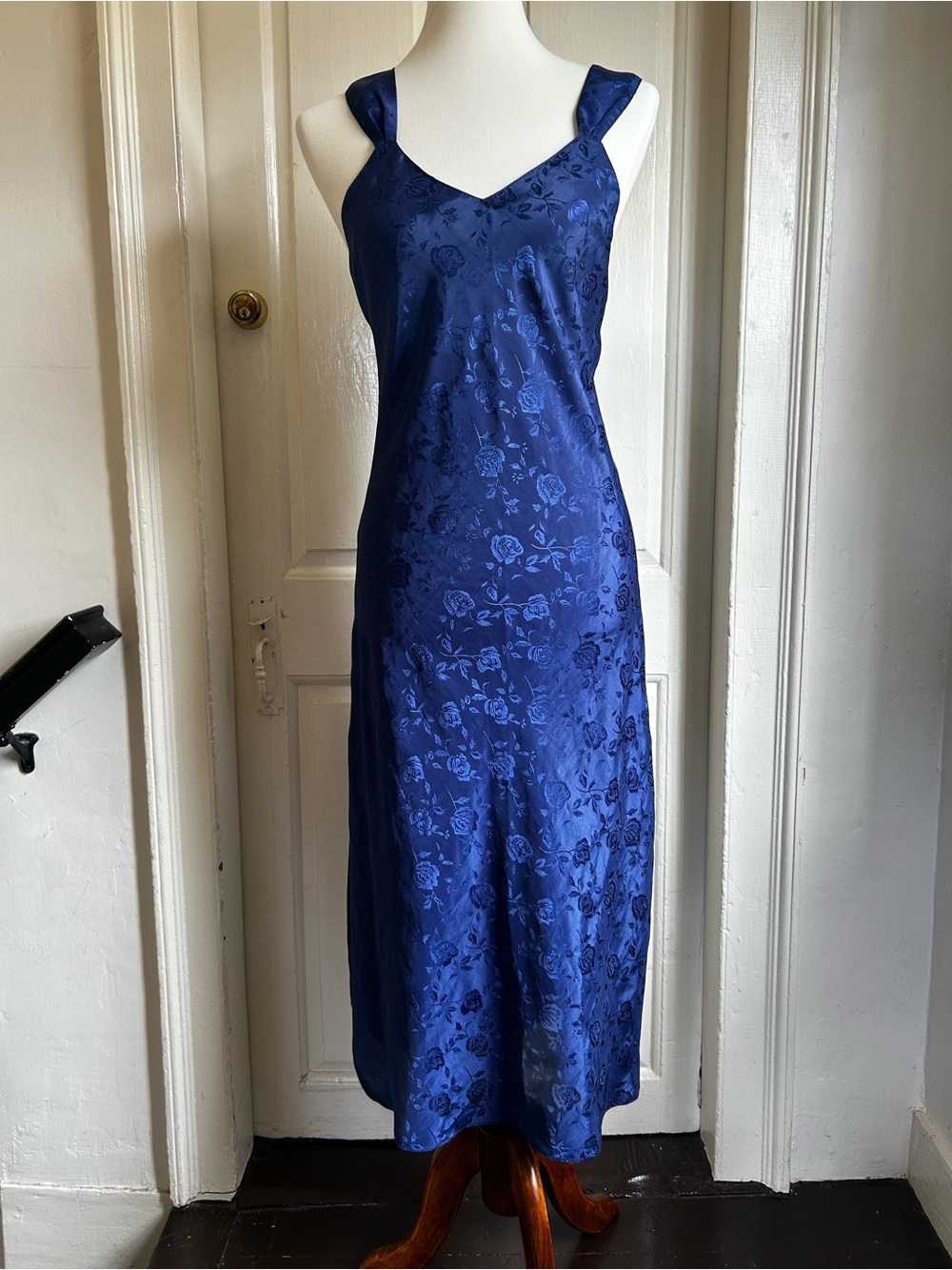 Vintage J.O. Intimates Navy Blue Floral Jacquard Satin Maxi Slip Dress Small